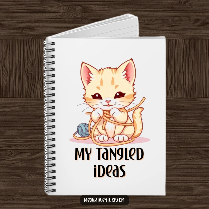 Funny Notebook cover with a smirking kitten tangled in yarn, perfect for jotting down playful ideas.
