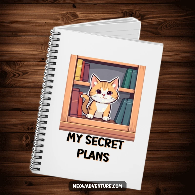 Funny mysterious cat emerging from a secret compartment in a bookshelf, ready to jot down notes in this notebook.
