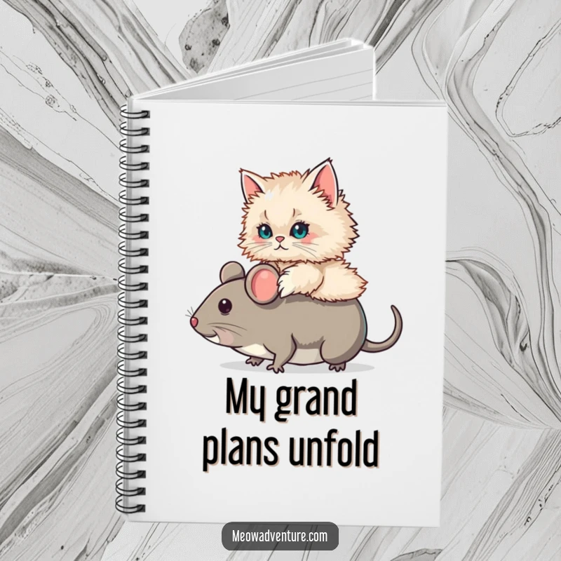 Funny Persian Cat Mouse Ride Notebook showing a fluffy Persian cat riding a large toy mouse. Great for notes and creative thoughts.