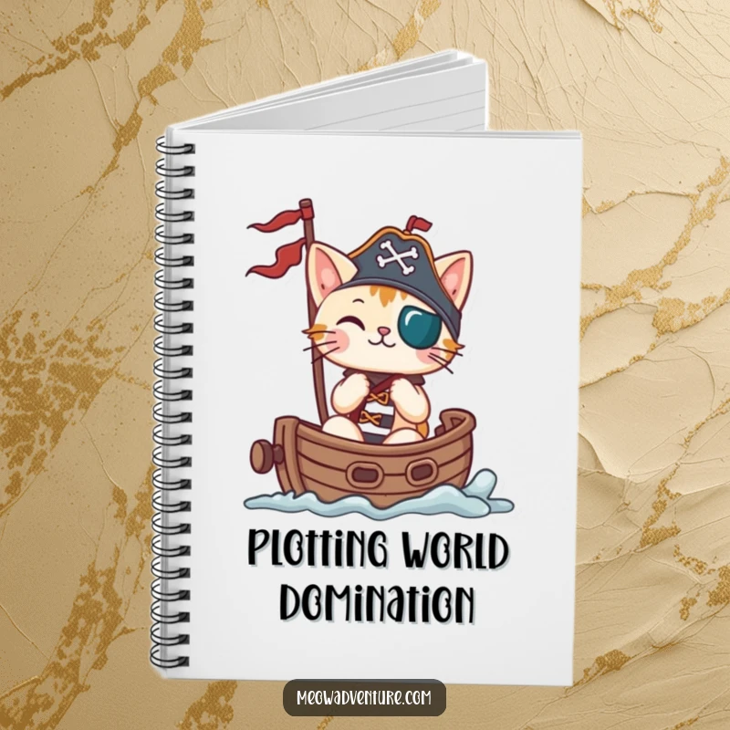Funny cat pirate sailing a tiny ship, on the cover of a notebook, ready for writing and drawing.