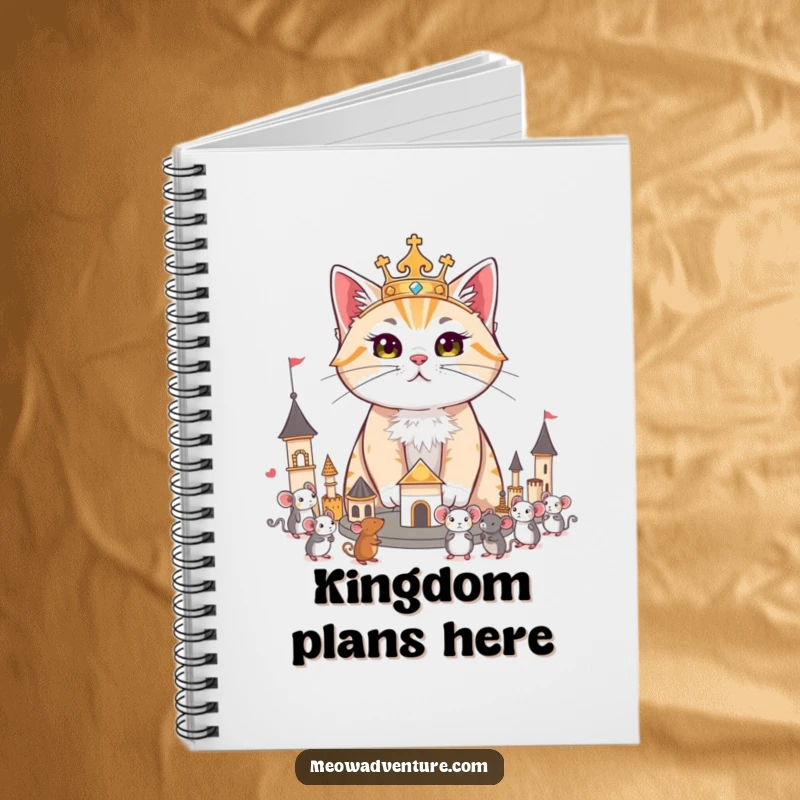 Funny notebook with a regal cat surveying its miniature kingdom of toy mice, ideal for jotting down important plans.