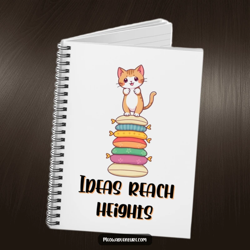 Funny notebook with a brave cat scaling a tall stack of colorful cushions, for recording daring ideas.