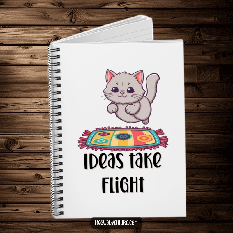 Funny Cat Rug Leap Notebook with a fluffy grey cat leaping onto a colorful rug, designed to inspire energetic thoughts.
