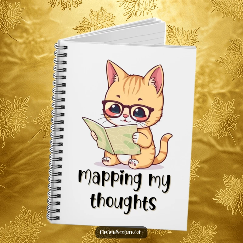 Funny notebook with a cat wearing glasses and studying a map, ideal for journaling plans and brilliant ideas with a humorous touch.