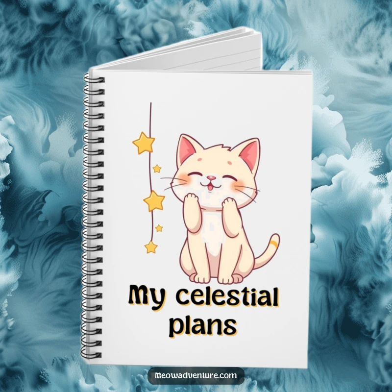 Funny notebook cover with a playful cat batting at a string of stars, inspiring users to reach for their dreams.