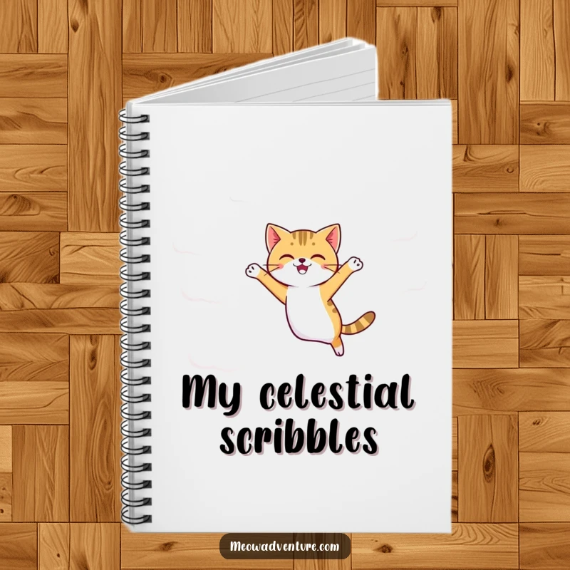 Funny agile cat jumping between cartoonish clouds, ready to jot down notes in this notebook.