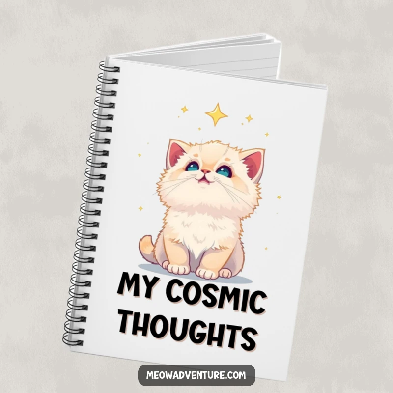 Funny fluffy kitten looking up at a starry night sky, on the cover of a notebook, for capturing cosmic thoughts.