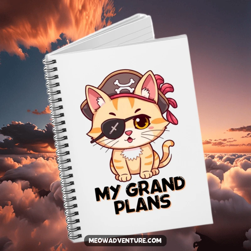 Funny mischievous cat pirate with an eye patch and feathered hat, looking adventurous, on a notebook cover.