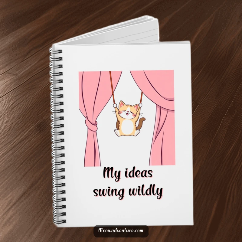 Funny notebook with a mischievous cat swinging from a curtain like a trapeze artist on the cover, ideal for notes, great funny gift.