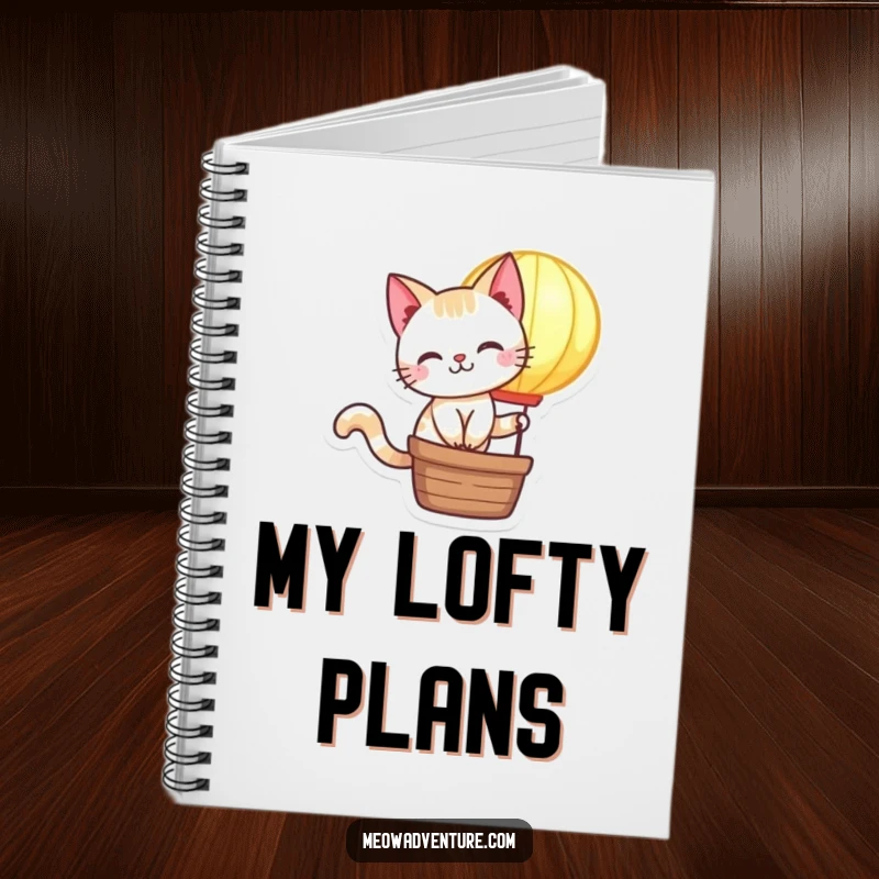Funny Cat Notebook: A mischievous cat rides a glowing hot air balloon, encouraging creative writing and humorous note-taking.