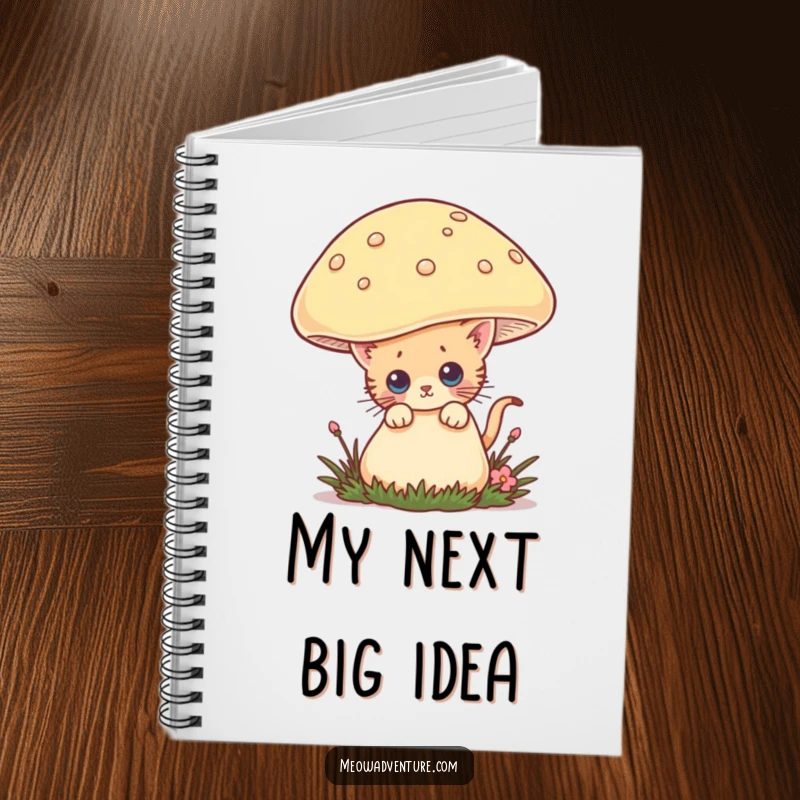 Funny notebook with a curious kitten peeking from behind a large mushroom, ideal for jotting down notes with a touch of humor.