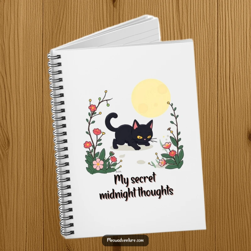 Funny Stealthy Black Cat Garden Notebook showing a black cat sneaking through a moonlit garden. Great for notes and secret thoughts.
