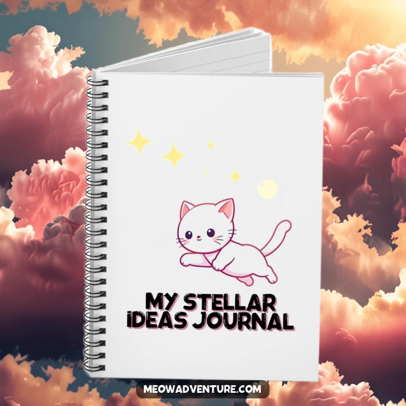Funny spiral notebook with a playful kitten leaping through a vast starry sky, chasing a magical moonbeam.