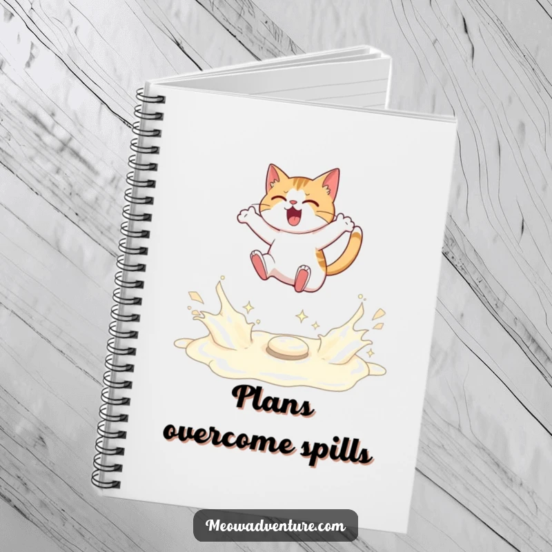 Funny notebook with a determined cat leaping over a sparkling river of spilled milk, for recording goals.