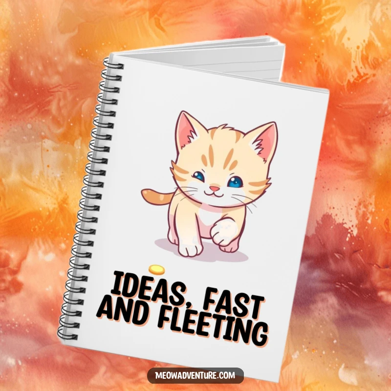 Playful kitten notebook featuring a cat chasing a laser pointer dot, perfect for jotting down fun thoughts and notes.