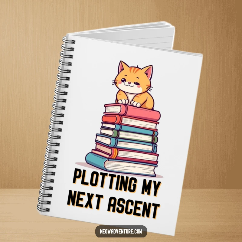 Funny notebook with a determined cat climbing a large stack of books, designed for writers and readers who appreciate humor and ambition.