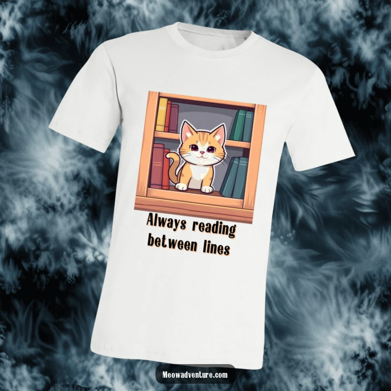 Funny mysterious cat emerging from a secret compartment in a bookshelf, printed on a literary and humorous t-shirt.