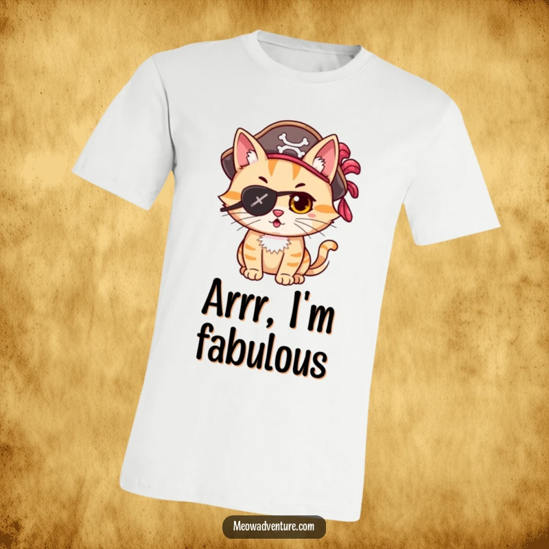 Funny mischievous cat dressed as a pirate with an eye patch and hat, ready for adventure on a t-shirt.