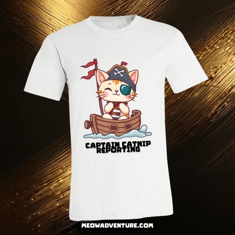 Funny cat dressed as a pirate, sailing a tiny ship on a t-shirt, conveying a sense of playful adventure.