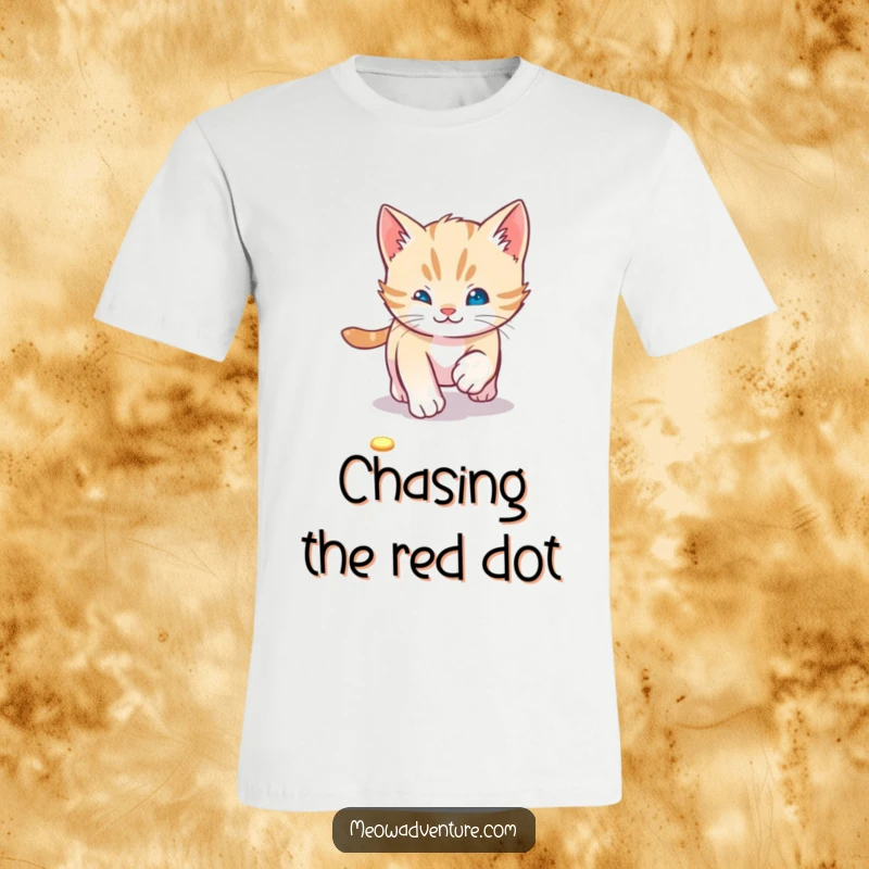 Playful kitten t-shirt depicting a cat enthusiastically chasing a laser pointer dot, showcasing fun and energy.