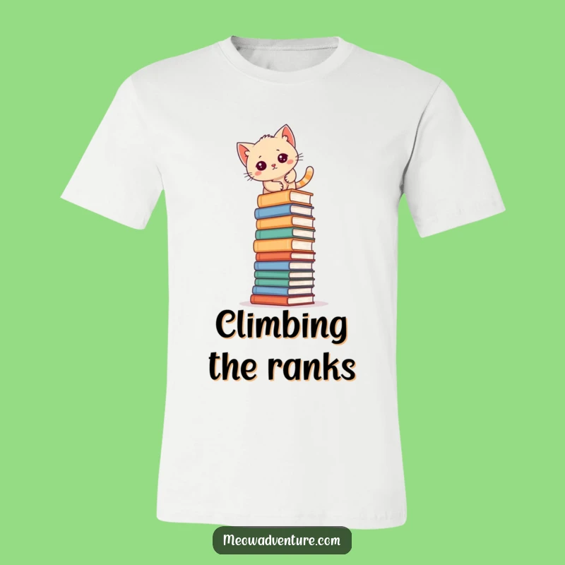 Funny Kitten Climbing Books T-Shirt: Hilarious Reader Tee for Aspiring Scholars