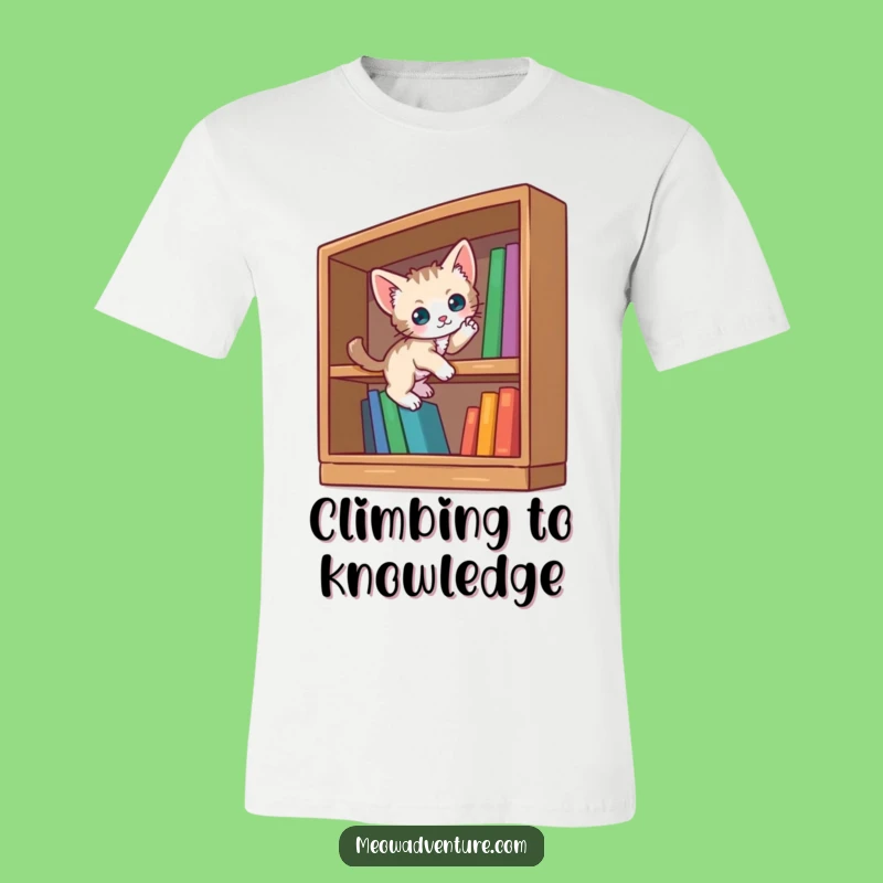 Funny Curious Kitten T-Shirt: Bookshelf Scaling Adventure - Wear Your Love for Books!