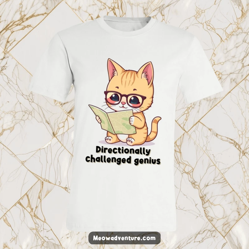 Funny t-shirt depicting a clever cat wearing eye glasses, focused on reading a map like a seasoned navigator.
