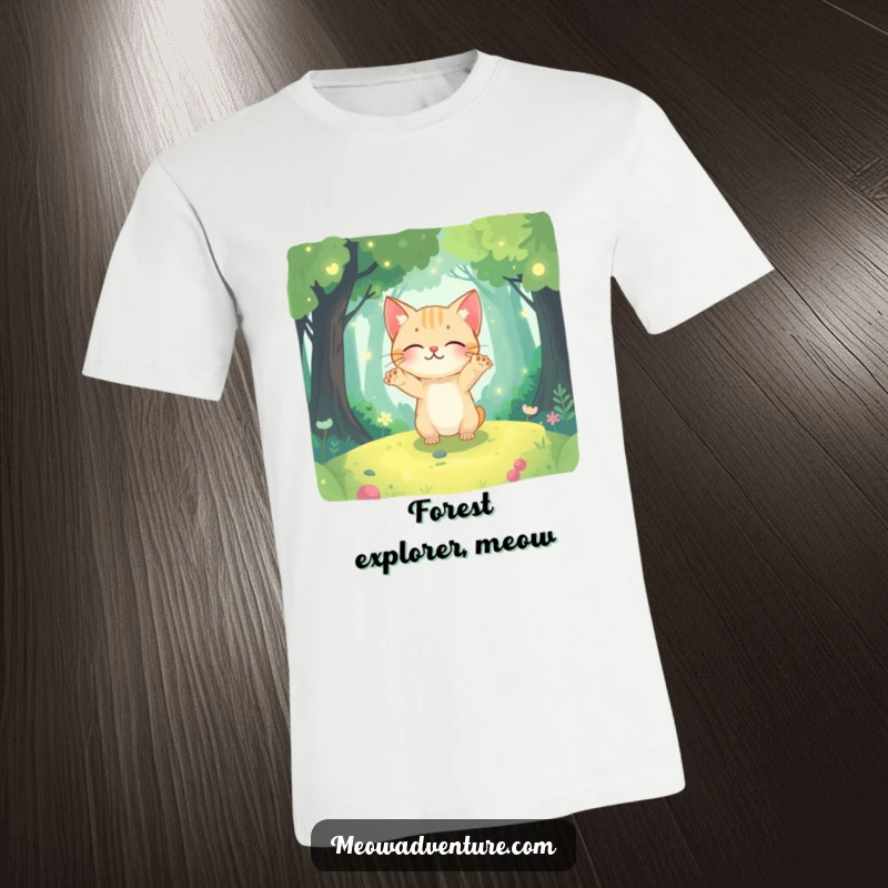 Funny graphic tee of a curious cat with outstretched paws, exploring a mystical, glowing forest filled with wonder.