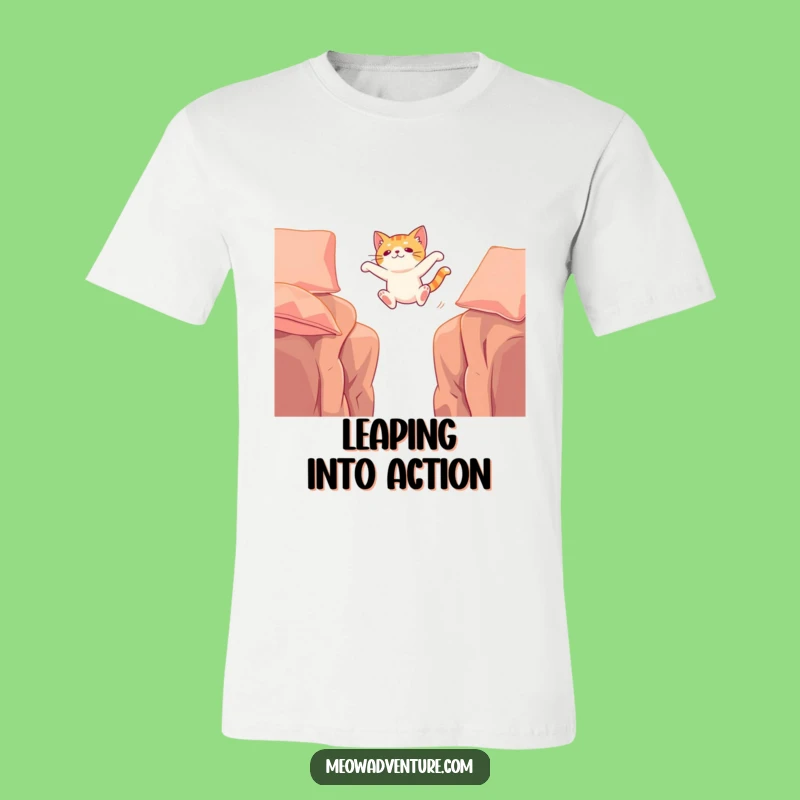 Funny Adventurous Cat Cushion Leap T-Shirt: Embrace Feline Courage