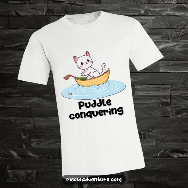Funny t-shirt featuring an adventurous cat navigating a leaf boat across a puddle, symbolizing courage and playful exploration.