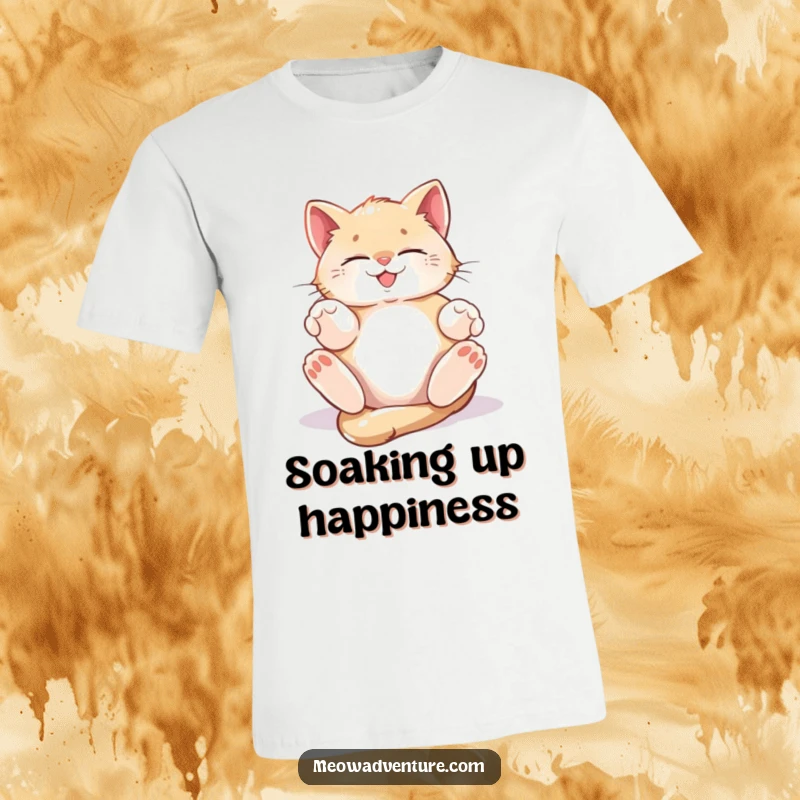Funny T-Shirt depicting a small kitten blissfully rolling around in a golden sunbeam, radiating sheer contentment.