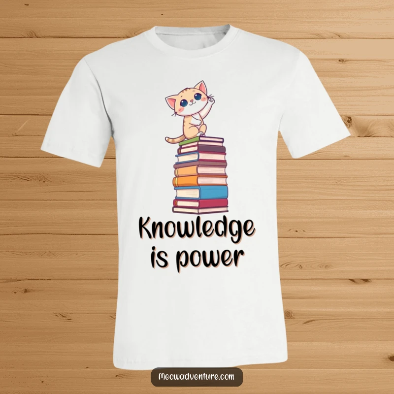 Funny t-shirt featuring a determined cat scaling a towering stack of books, representing ambition and a passion for literature.