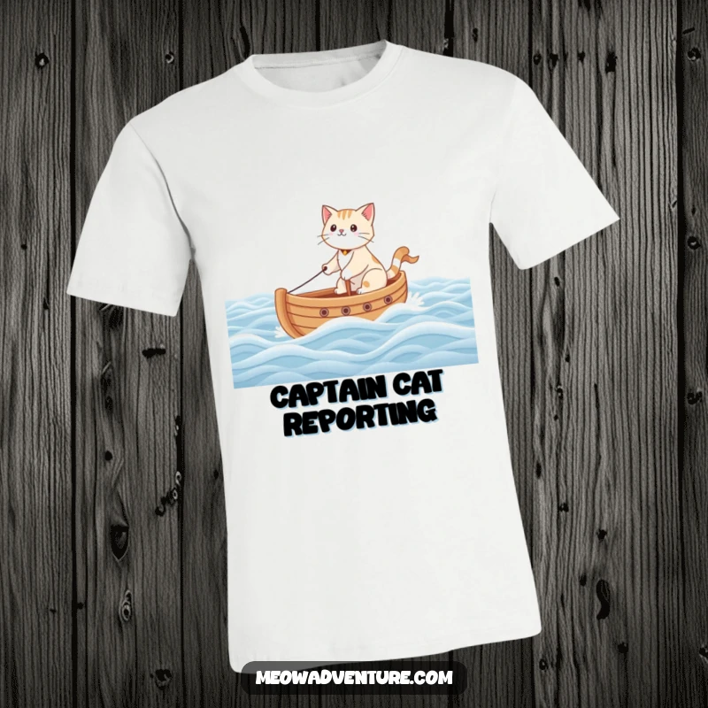 Funny t-shirt graphic of a brave cat captaining a toy boat across a carpeted floor ocean, full of nautical spirit.