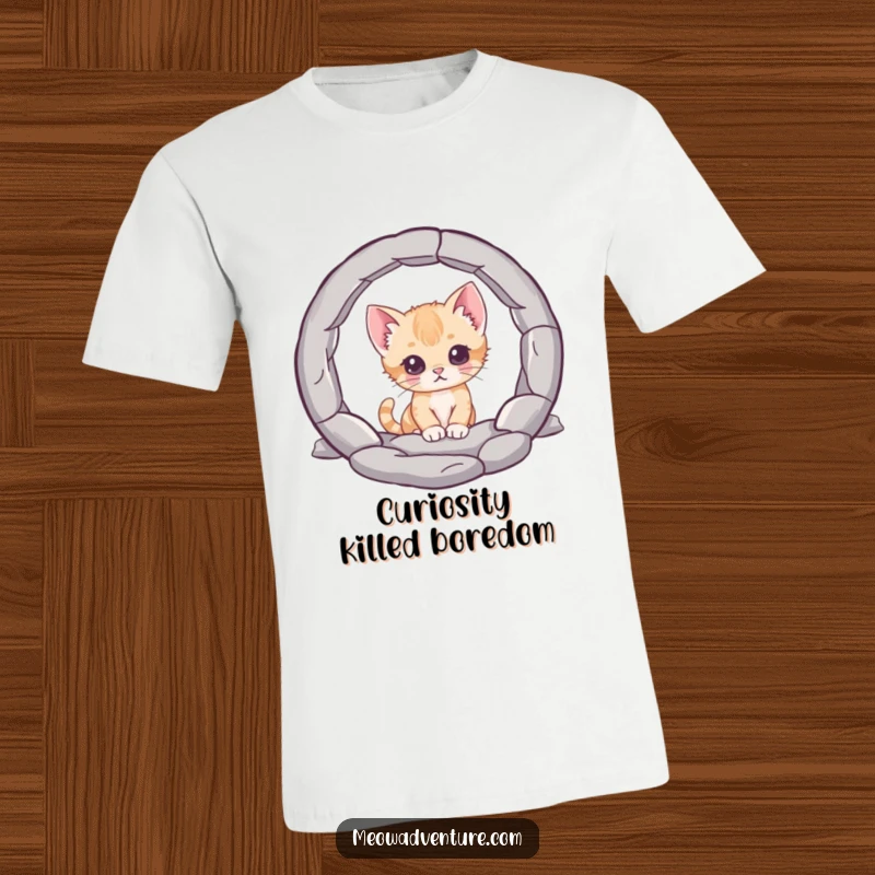 Funny t-shirt, a curious kitten character peering into a mysterious portal, exuding wonder and a playful desire to explore the unknown.