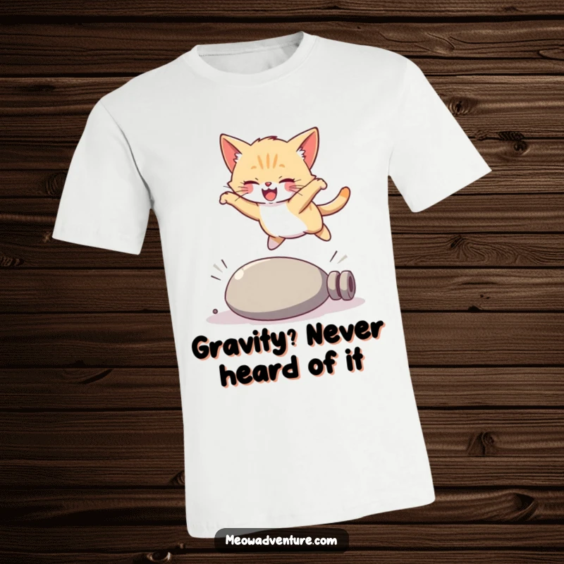 Funny joyful kitten t-shirt, a playful cat mid-air leaping gracefully over an unexpected object, pure athletic comedy.