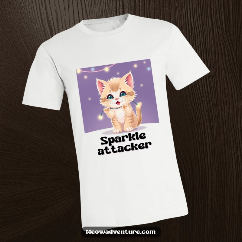 Funny graphic tee featuring a mischievous kitten enthusiastically batting at a string of twinkling fairy lights.