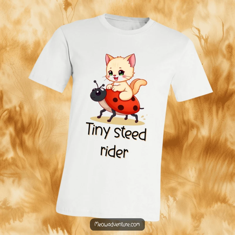 Funny t-shirt showing a happy kitten riding a ladybug like a brave steed, showcasing adorable and adventurous feline fun.