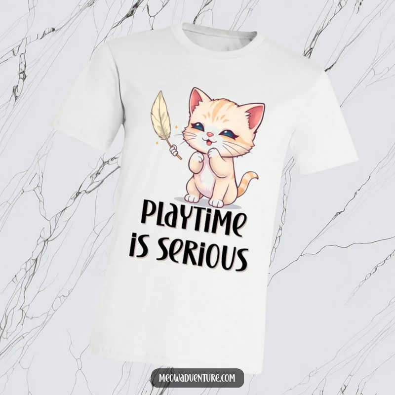 Funny t-shirt illustrating a mischievous kitten energetically batting at a floating feather, capturing a moment of pure feline joy.