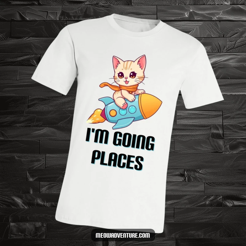 Funny Kitten Rocket T-Shirt: A courageous kitten rides a toy rocket, ready for adventure with a determined and cute expression.