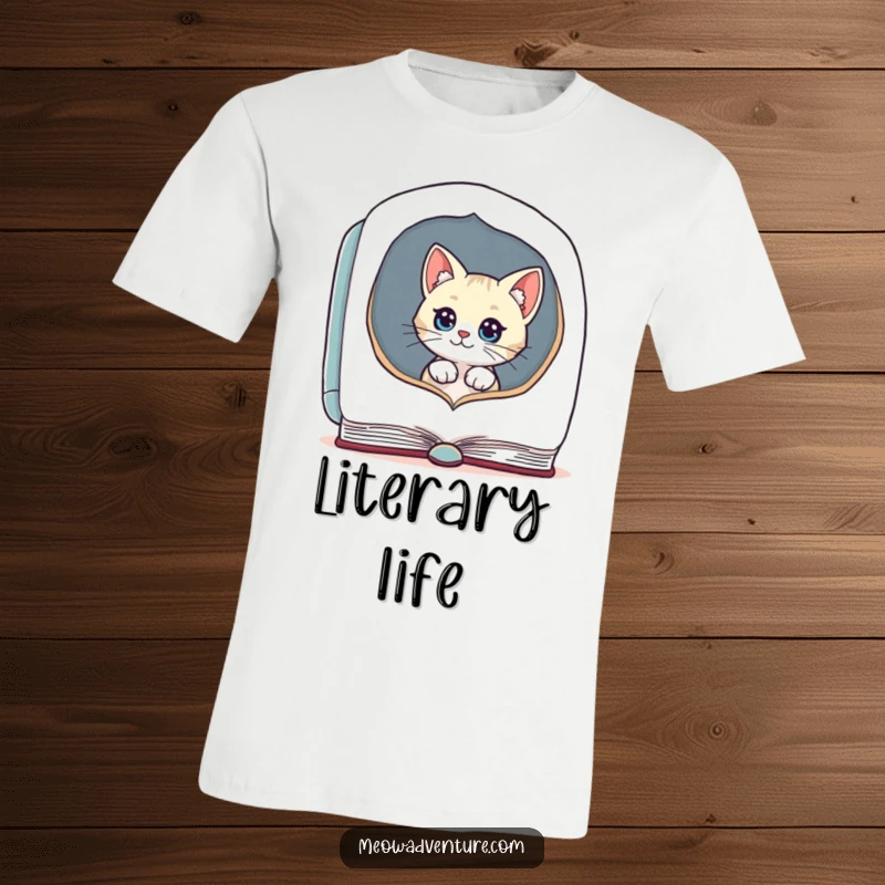 Funny cat t-shirt showcasing a curious kitten emerging from a huge, hollowed-out book, perfect for readers.