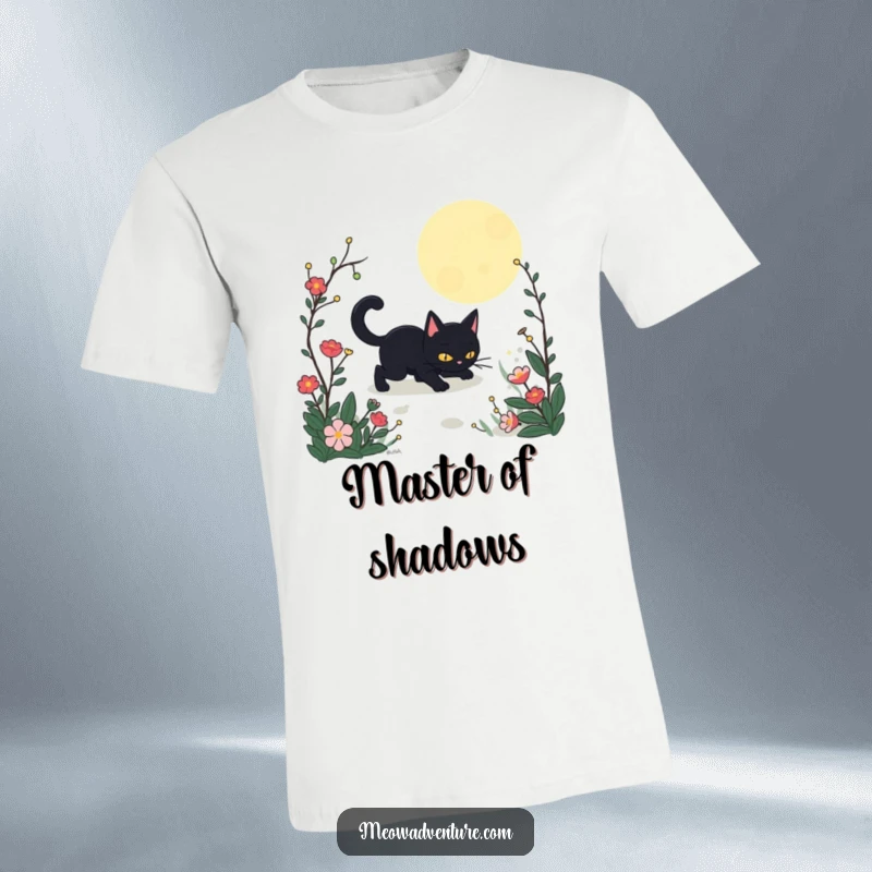 Funny Stealthy Black Cat Garden T-Shirt depicting a silhouette of a black cat moving silently through a moonlit garden. A humorous statement.