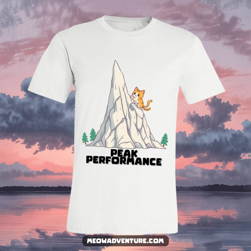 Funny Cat T-Shirt: A brave cat character is depicted scaling a whimsical, towering crystal mountain, symbolizing courage and humor.