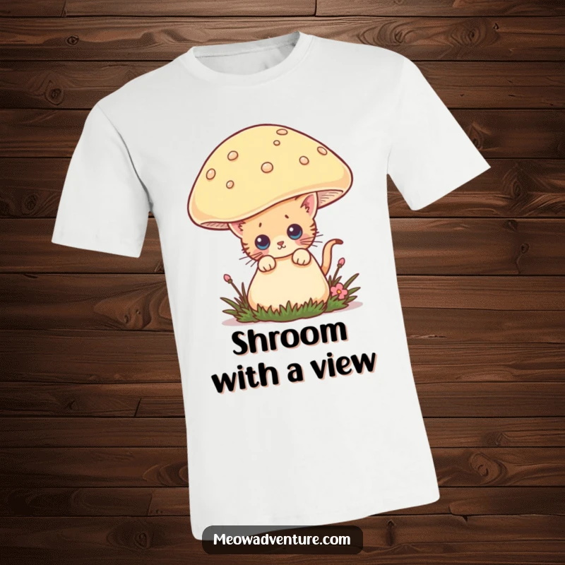 Funny t-shirt showcasing a curious kitten peeking from behind an oversized mushroom, exuding playful exploration and adorable mischief.
