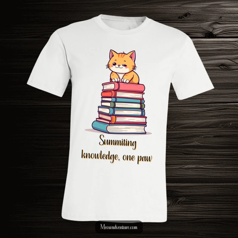 Funny t-shirt with a tenacious cat scaling a massive pile of books, embodying a determined climber on a literary expedition.