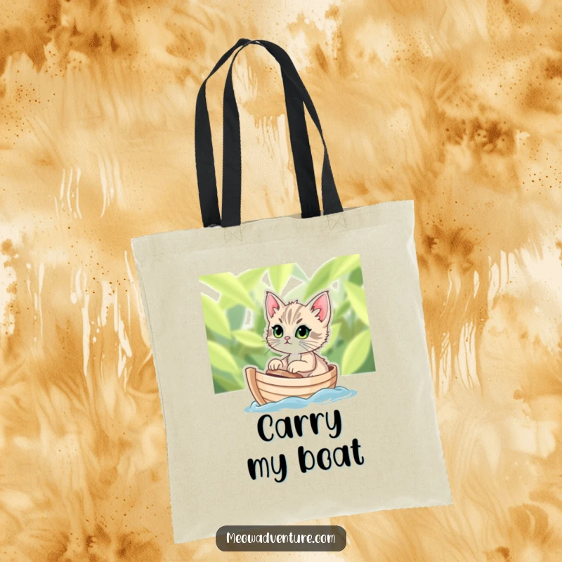 Funny tote bag with a determined kitten sailing on a tiny leafy boat, perfect for carrying goods with feline flair.