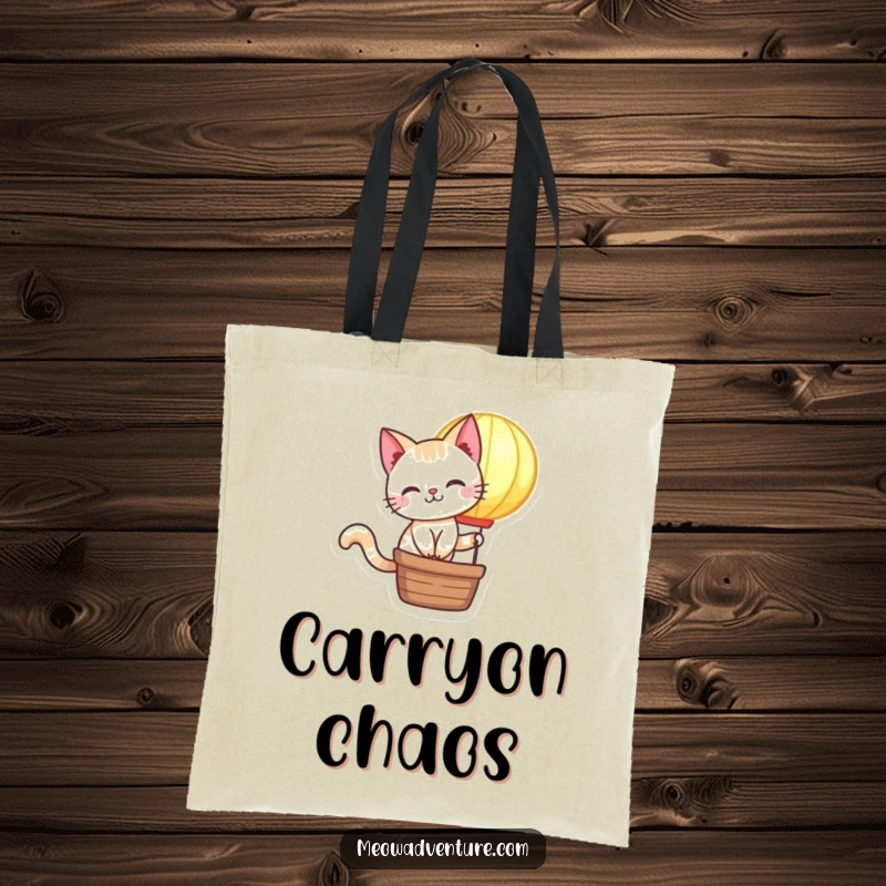 Funny Cat Tote Bag: A mischievous cat rides a glowing hot air balloon, a humorous and practical accessory for carrying everyday treasures.