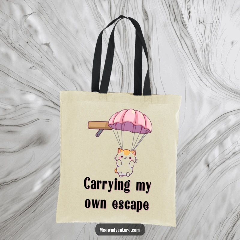 Funny cat tote bag: fluffy cat with a miniature parachute, landing softly after a descent from a high shelf.