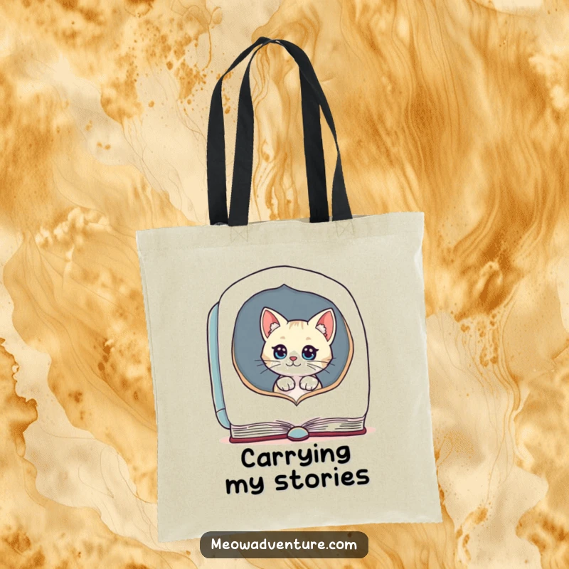 Funny tote bag with a curious cat peeking from a huge book, a delightful accessory for readers.