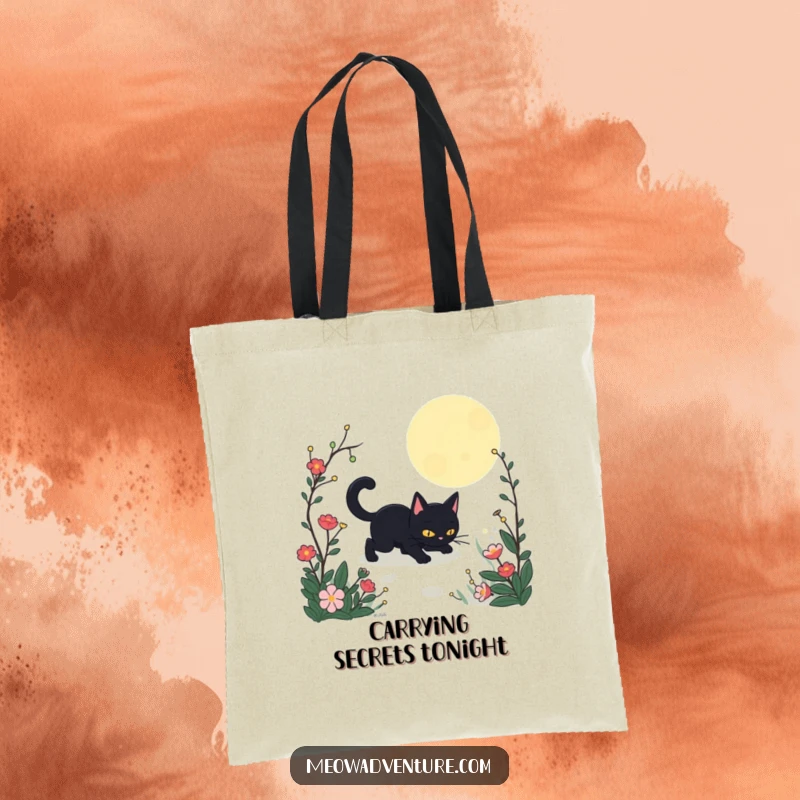 Funny Stealthy Black Cat Garden Tote Bag with a black cat sneaking through a moonlit garden. A humorous and functional accessory.