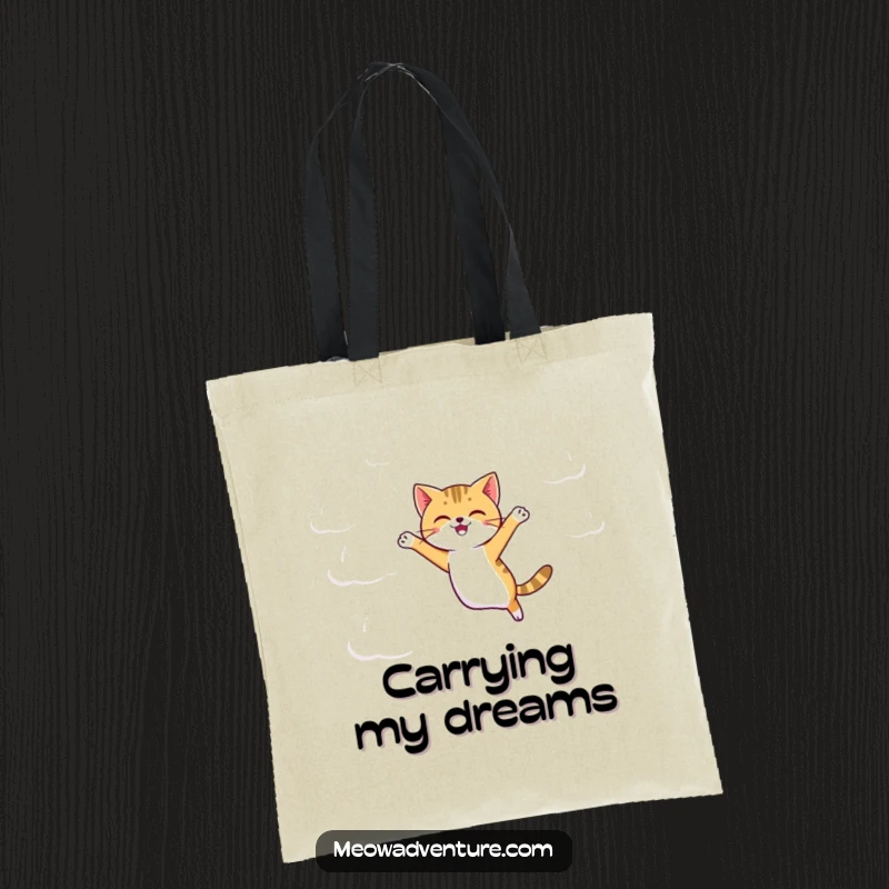 Funny agile cat jumping between floating cartoon clouds, printed on a durable tote bag.
